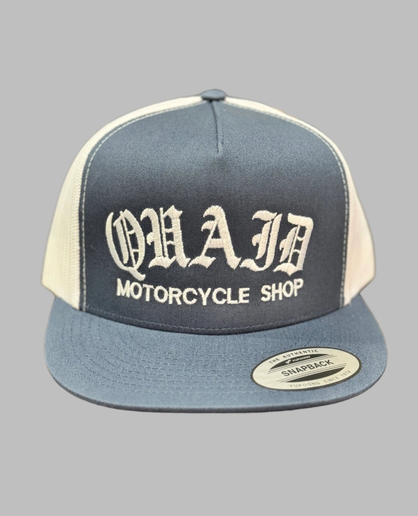 Quaid Harley-Davidson motorcycle shop classic trucker flatbill snapback hat in blue and white with white stitching