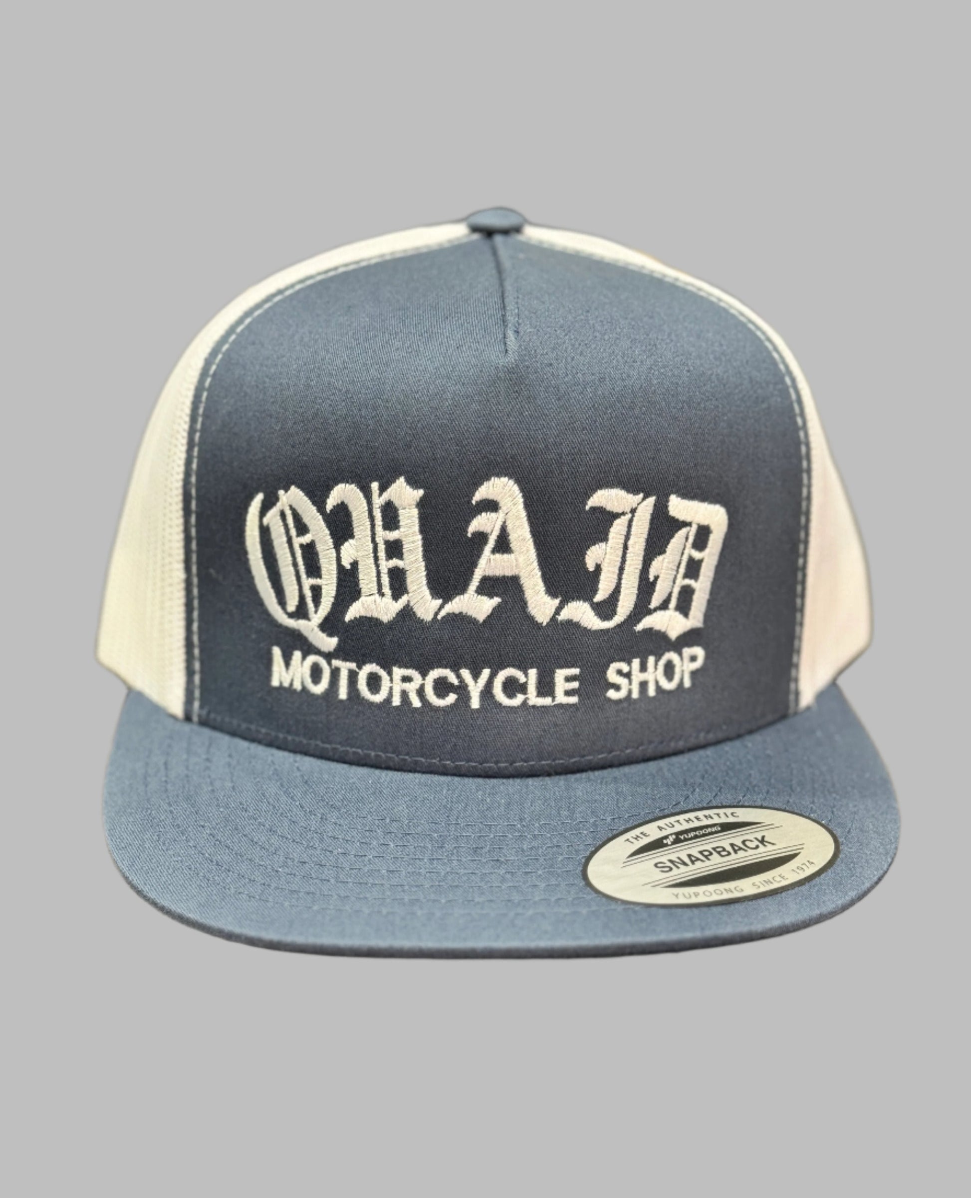 Quaid Harley-Davidson motorcycle shop classic trucker flatbill snapback hat in blue and white with white stitching