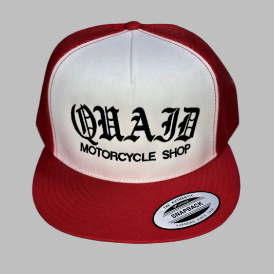 Quaid Motorcycle Shop flexfit trucker cap in two-tone red and white with black stitching for sale at Quaid Motorcycle Shop or at Quaid Harley-Davidson in Loma Linda, Ca.