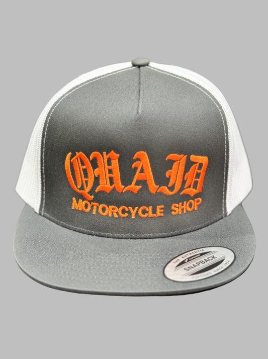 Quaid Harley-Davidson motorcycle shop classic flatbill trucker snapback hat win grey and white with orange stitching