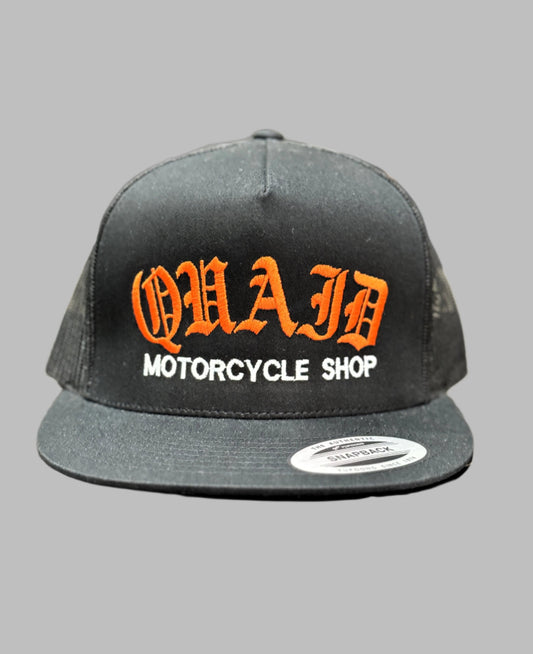 Quaid Harley-Davidson motorcycle shop classic snapback trucker hat in black and orange