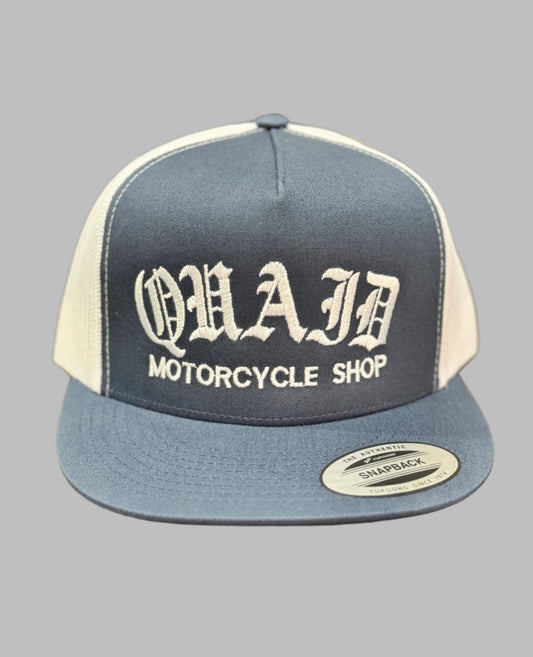 Quaid Harley-Davidson motorcycle shop classic trucker flatbill snapback hat in blue and white with white stitching