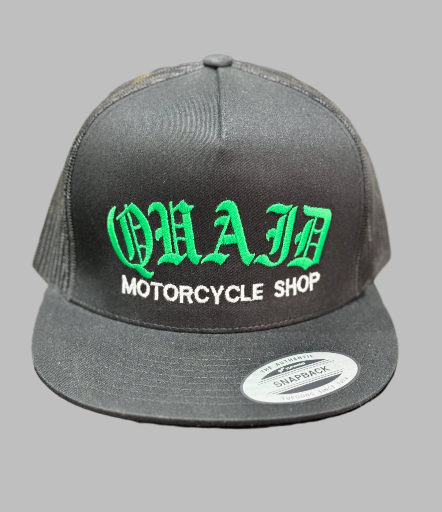 Quaid Harley-Davidson motorcycle shop classic snalback trucker hat in black and green 