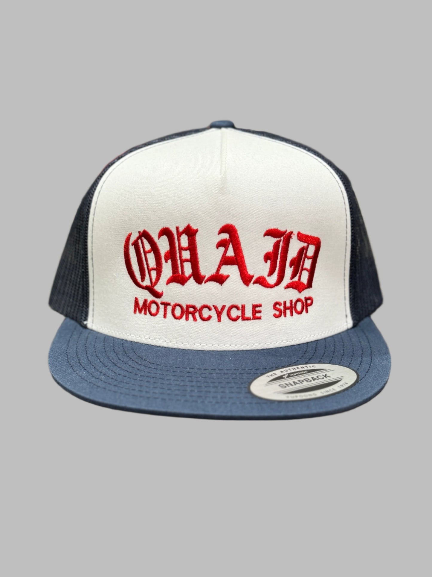 Quaid Harley-Davidson motorcycle shop classic trucker flatbill snapback hat in red white and blue