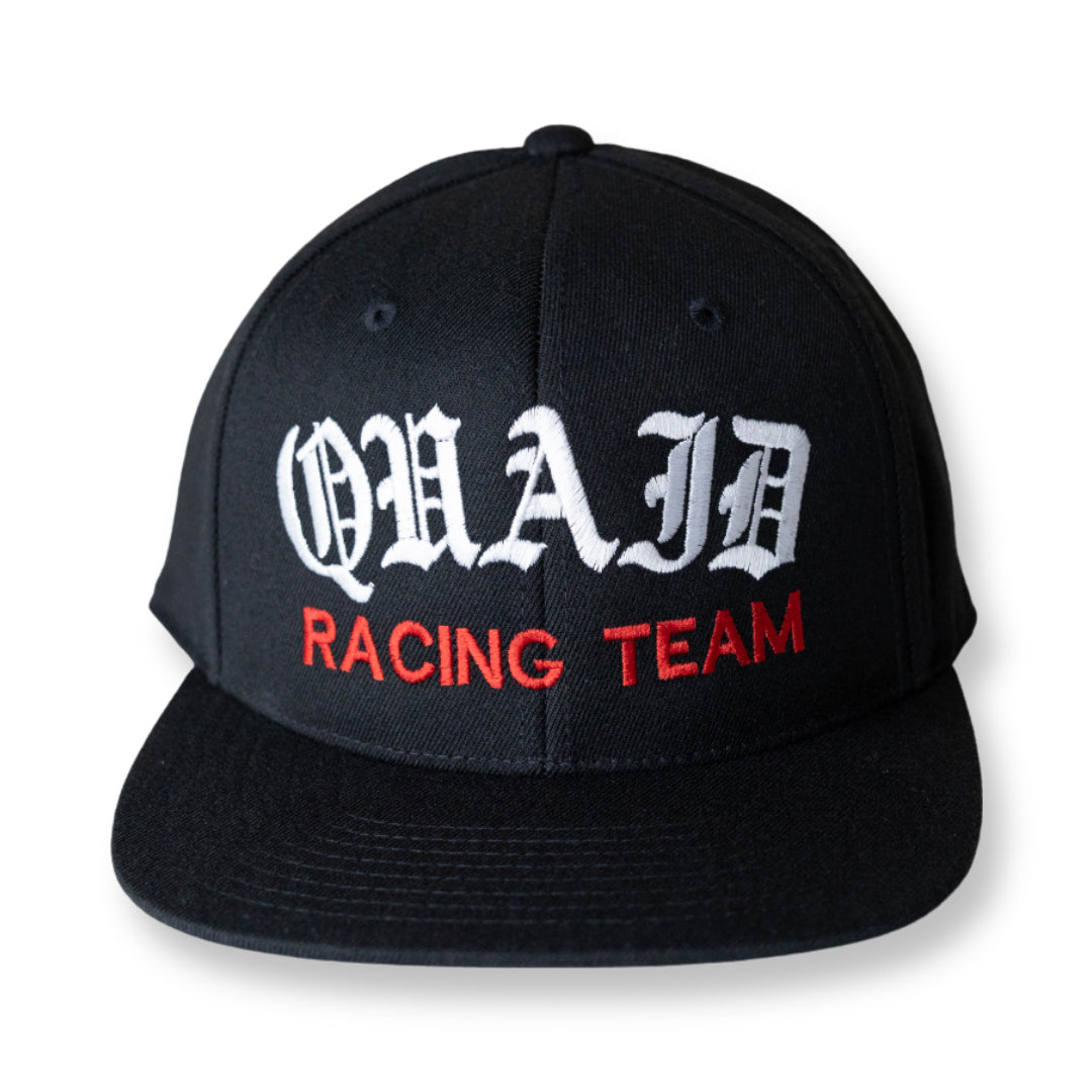 Show your support for the Quaid Harley-Davidson Racing Team black flat bill flexfit snapback hat with with and red stitching