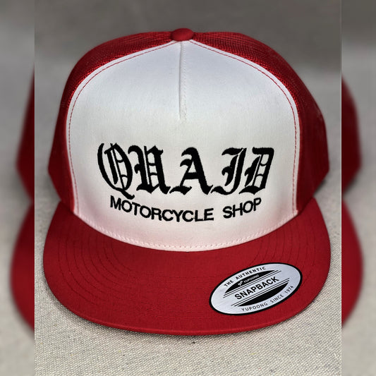 Quaid Motorcycle Shop flexfit trucker cap in two-tone red and white with black stitching for sale at Quaid Motorcycle Shop or at Quaid Harley-Davidson in Loma Linda, Ca.